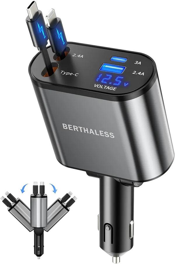 BERTHALESS Retractable Car Charger, 4 in 1 Fast Charging Car Charger with USB-C & USB-A, Compatible with iPhone 17/16/15/14/13/12/11,Galaxy,Pixel, Car Accessories for Men Women Drivers, Dad, Husband