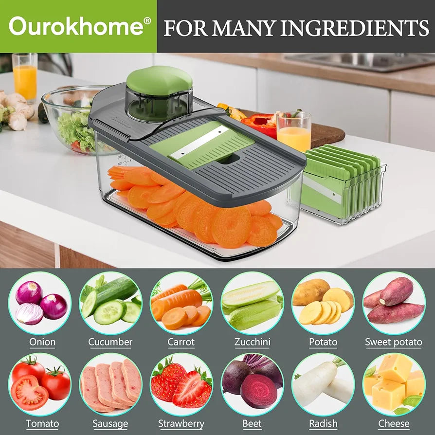 Ourokhome Mandolin Slicer for Kitchen Food, Hand Safe Vegetable Shredder with 6 Mandoline Blades, Veggie Waffle Cutter for Potato, Carrot, Zucchini, Onion, Essential Kitchen Gadgets 