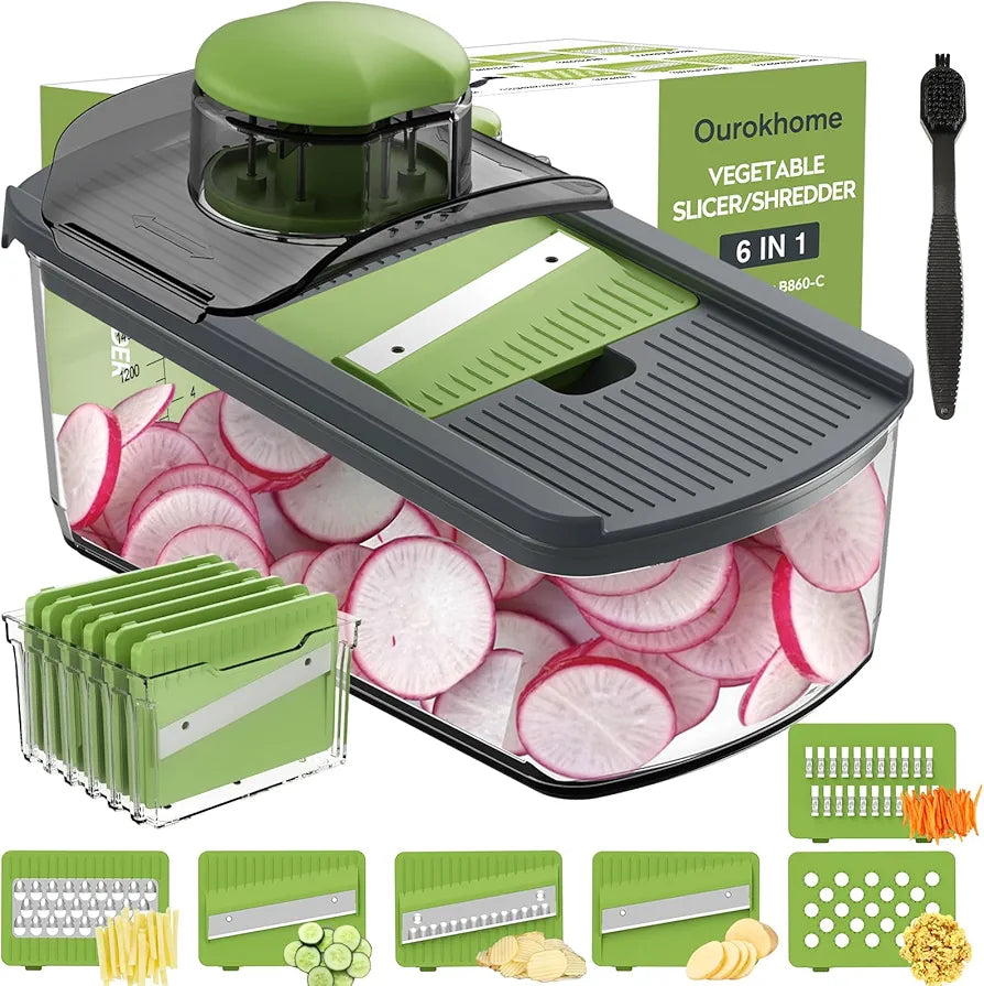 Ourokhome Mandolin Slicer for Kitchen Food, Hand Safe Vegetable Shredder with 6 Mandoline Blades, Veggie Waffle Cutter for Potato, Carrot, Zucchini, Onion, Essential Kitchen Gadgets 