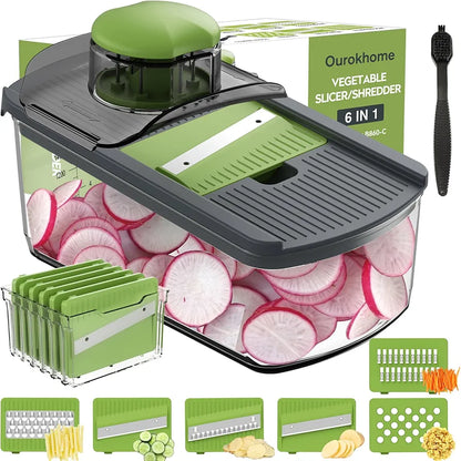 Ourokhome Mandolin Slicer for Kitchen Food, Hand Safe Vegetable Shredder with 6 Mandoline Blades, Veggie Waffle Cutter for Potato, Carrot, Zucchini, Onion, Essential Kitchen Gadgets 
